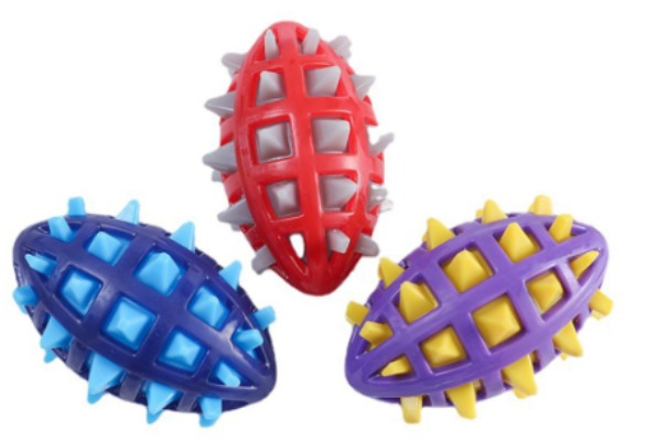 Dual-Layer Spiky Football Dog Toy - Cage-Grid Mesh Molar Rugby Ball & Irregular Bounce Heavy-Duty De