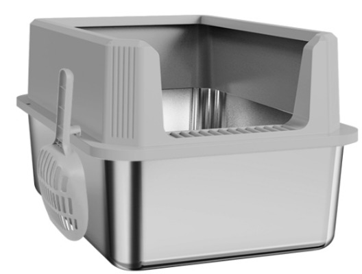 Grey Stainless Steel Litter Box - High Shield Anti-Leak Cat Litter Pan with Scoop & Filter Step