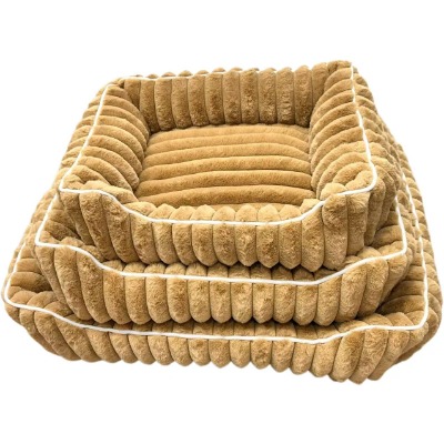 Premium Corduroy Pet Bed, Striped Khaki Square Dog Bed with Bolster Support Cushion for Cats