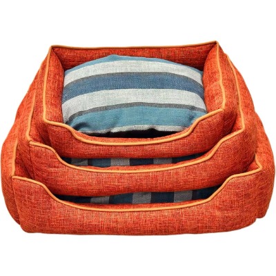 Linen-Textured Dog Bed, Orange Square Washable Pet Couch with Striped Cushion for Large Cats
