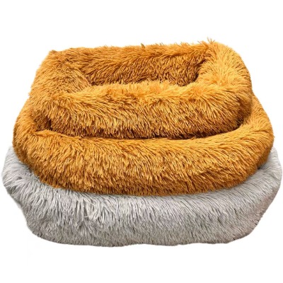 Faux Fur Calming Pet Bed, Shaggy Long Plush Oval Dog Cushion Nest with Bolster Support for Cats