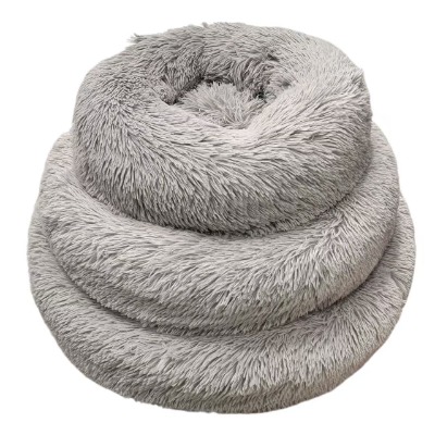 Donut Nest Pet Bed, Light Gray Round Long Plush Calming Dog Cushion Bed for Cats & Small Puppies