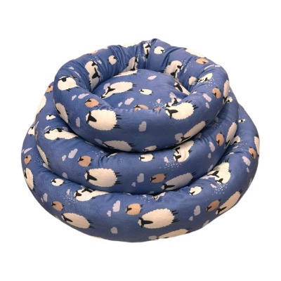 Sheep Printed Pet Bed, Durable Blue Fabric Round Dog Nest with Bolster Support Cushion for Cats