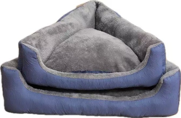 Textured Fabric Pet Bed, Blue Square Dog Lounger Sofa with Warm Gray Fleece Cushion for Big Cats