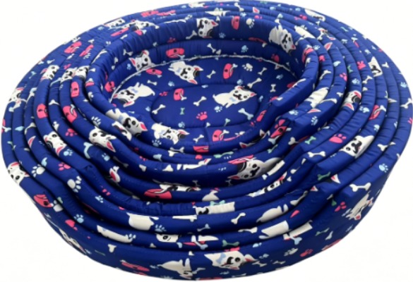 Bulldog Printed Pet Bed, Royal Blue Fabric Round Dog Nest with Bolster Cushion for Small Cats