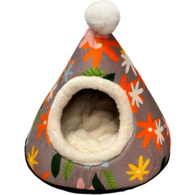 Floral Tent Pet Bed, Printed Grey Fleece Yurt Cave Dog Nest with Soft White Cushion for Small Cats