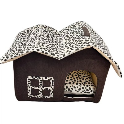 House Shaped Pet Bed, Cozy Brown Corduroy Dog Villa with Cow Print Removable Mat for Small Cats