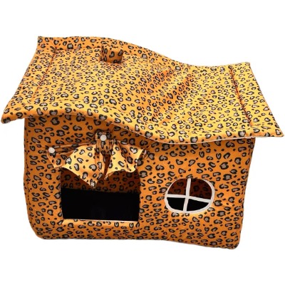 Leopard Dog House Bed, Cute Cheetah Print Soft Fleece Kitten Villa Cabin with Bowknot for Cats