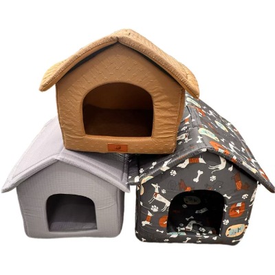Cozy Cabin Pet House Bed, Warm Fleece & Durable Fabric Dog Villa with Removable Mat for Cats