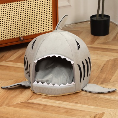 Funny Shark Cat Cave Bed, Cute Soft Velvet Shark House Tent with Removable Mat for Dogs Cats
