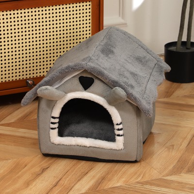 Foldable Grey Cat House Bed, Soft Plush Indoor Puppy Cabin Cave Hut with Cushion for Dogs CPet House