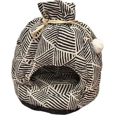 Nordic Style Drawstring Sack Pet Cave Bed, Geometric Print Cat Tent House with Cushion for Dogs
