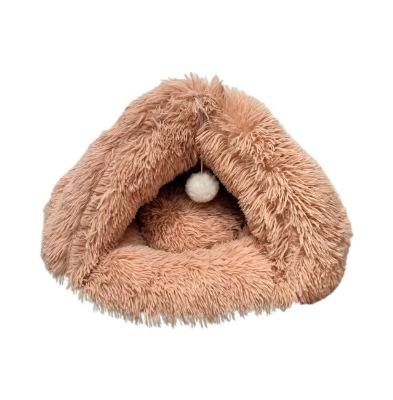 Calming Shaggy Long Plush Cat Cave Bed, Soft Fluffy Triangle Pet Tent House with Hanging Toy Ball